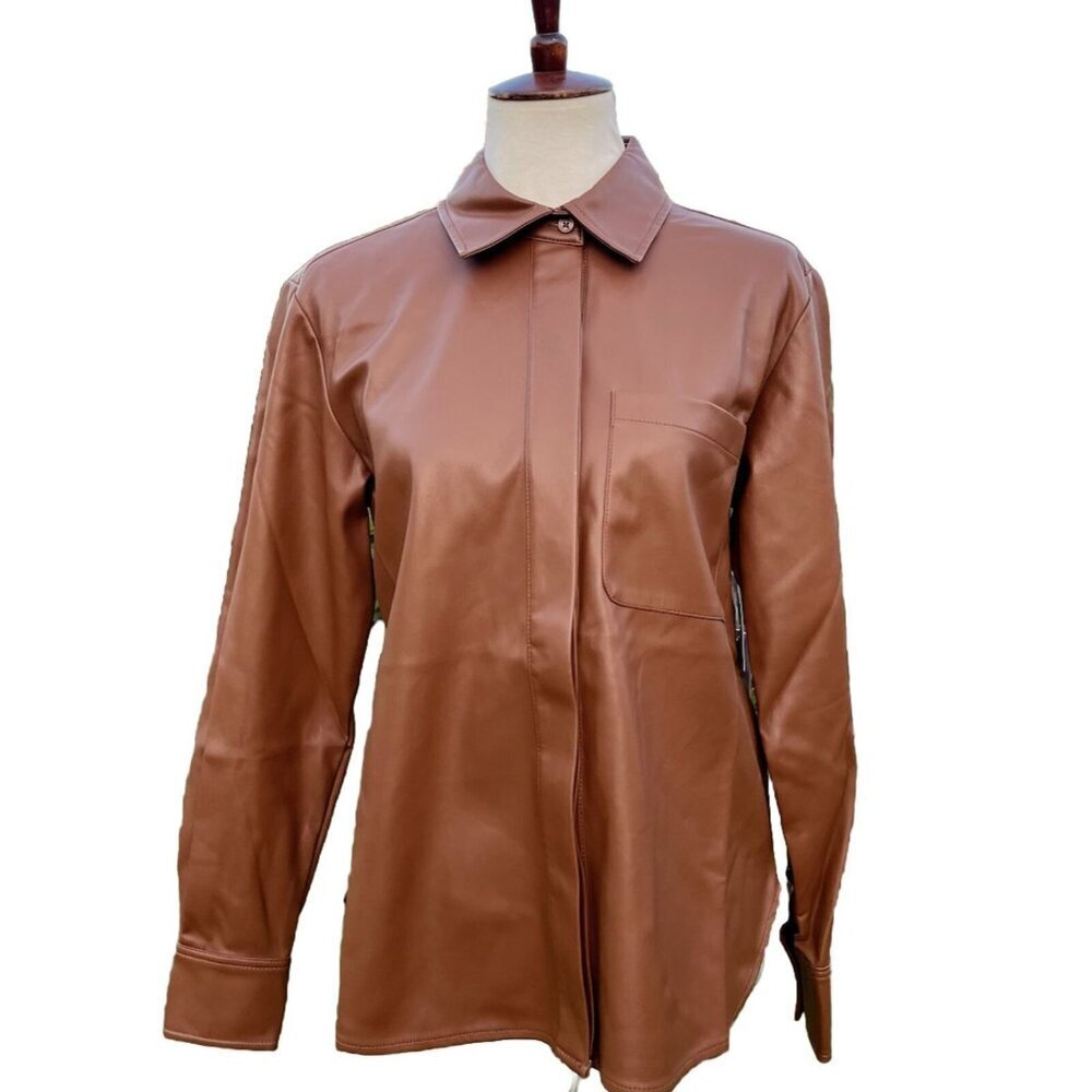 Good American Better Than Leather Shirt Women's Faux Leather Size 2 Burn Caramel - Picture 5 of 13